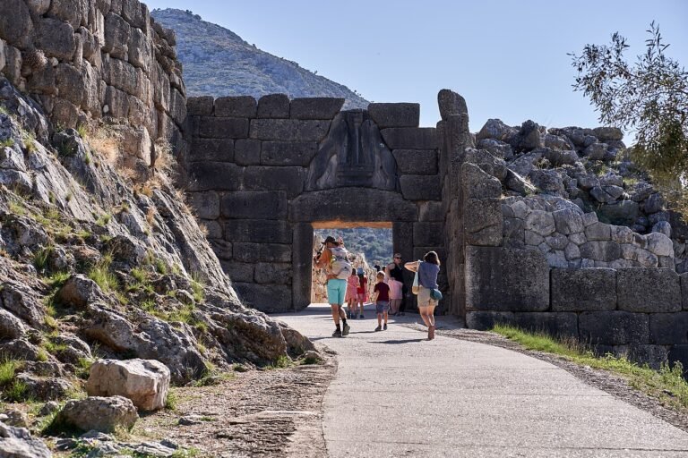 The Lion Gate entrance to the Mycenae citadel showing carved relief lions above the Bronze Age doorway