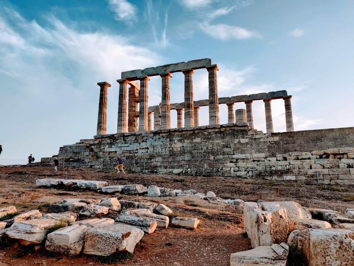 Temple of Poseidon columns at Cape Sounion above the Aegean Sea