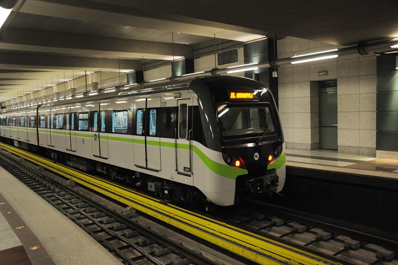 Athens Metro train on Line 3 Blue Line serving Athens Airport