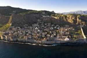 Monemvasia medieval castle town on the sea rock, Laconia, Peloponnese Greece
