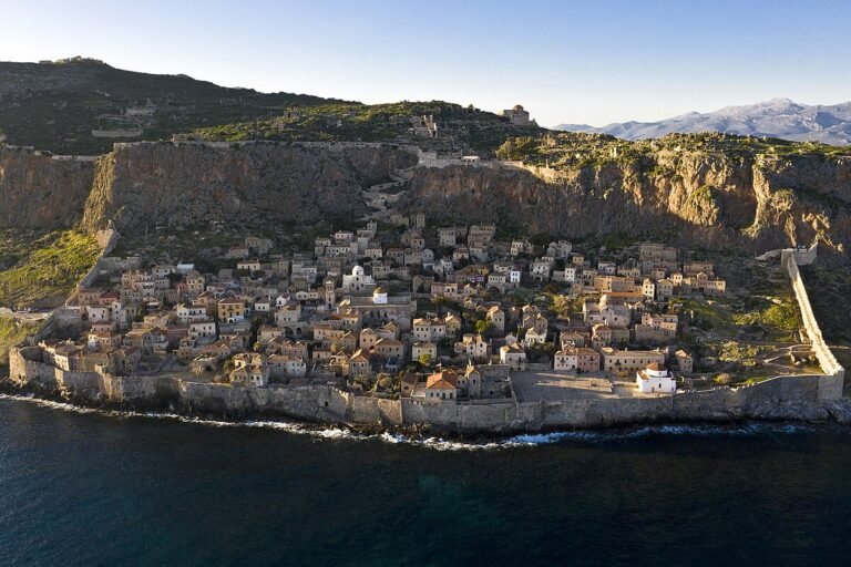 Monemvasia medieval castle town on the sea rock, Laconia, Peloponnese Greece