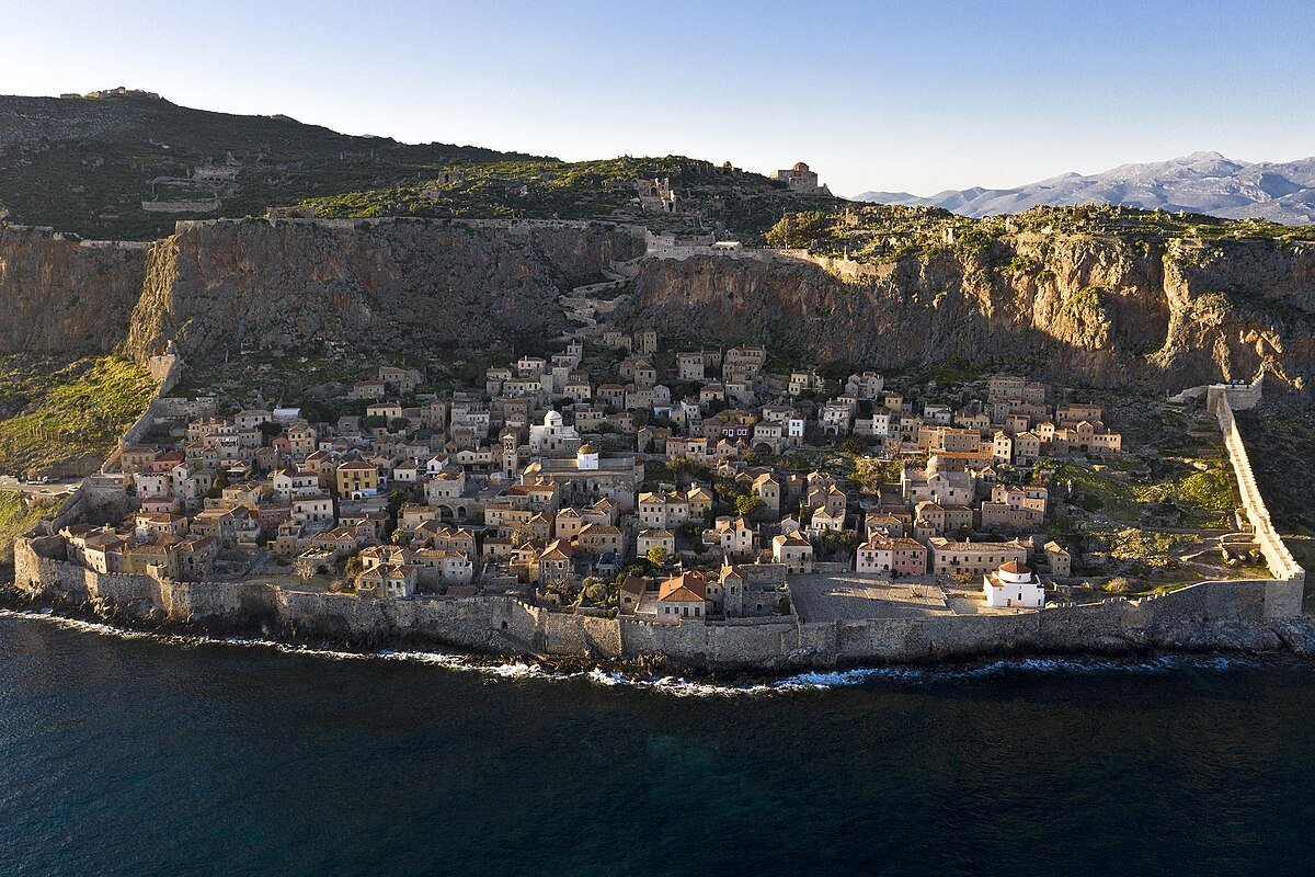 Monemvasia medieval castle town on the sea rock, Laconia, Peloponnese Greece