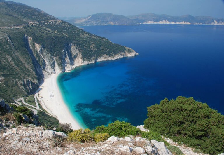 Myrtos Beach Kefalonia with turquoise water and white pebble beach
