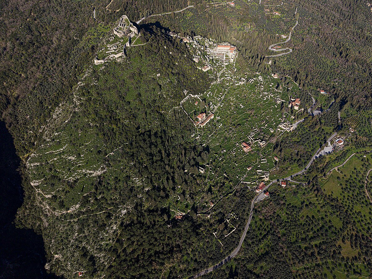 Mystras Byzantine ruins on the hillside near Sparta, Peloponnese Greece