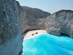 Navagio Shipwreck Beach Zakynthos Greece with blue water and famous shipwreck