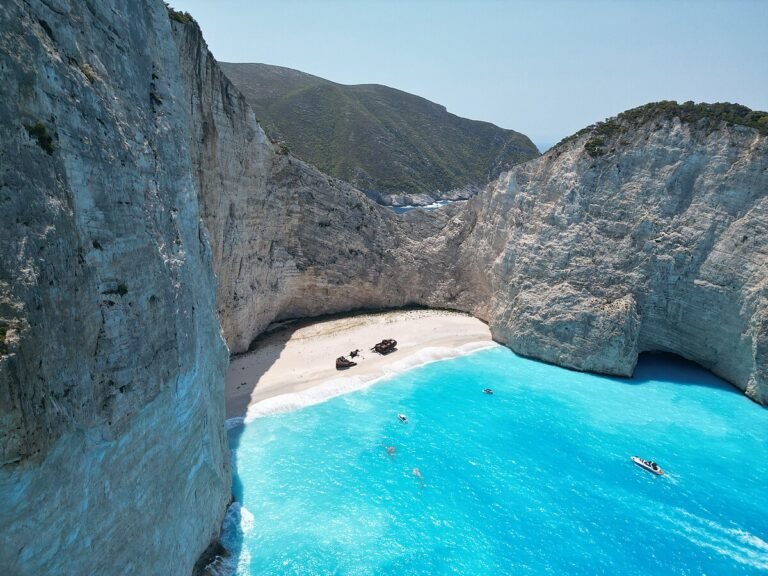 Navagio Shipwreck Beach Zakynthos Greece with blue water and famous shipwreck