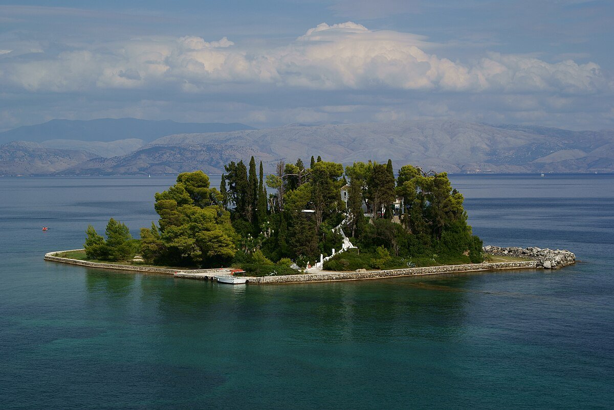Pontikonisi Mouse Island with cypress trees and chapel near Corfu Greece
